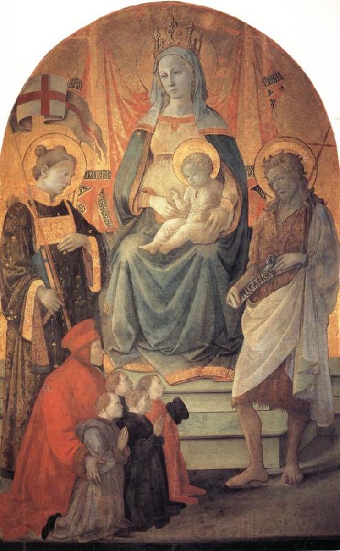 Fra Filippo Lippi The Madonna and Child Enthroned with Stephen,St John the Baptist,Francesco di Marco Datini and Four Buonomini of the Hospital of the Ceppo of Prato